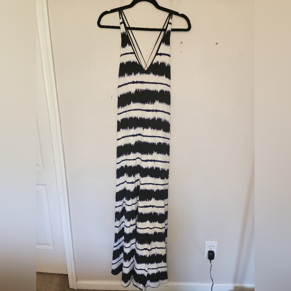 Derek Lam Black and White Striped V-Neck Maxi Dress